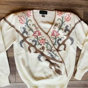 Vintage Dana Scott Sweater Embroidered Ivory Large Excellent